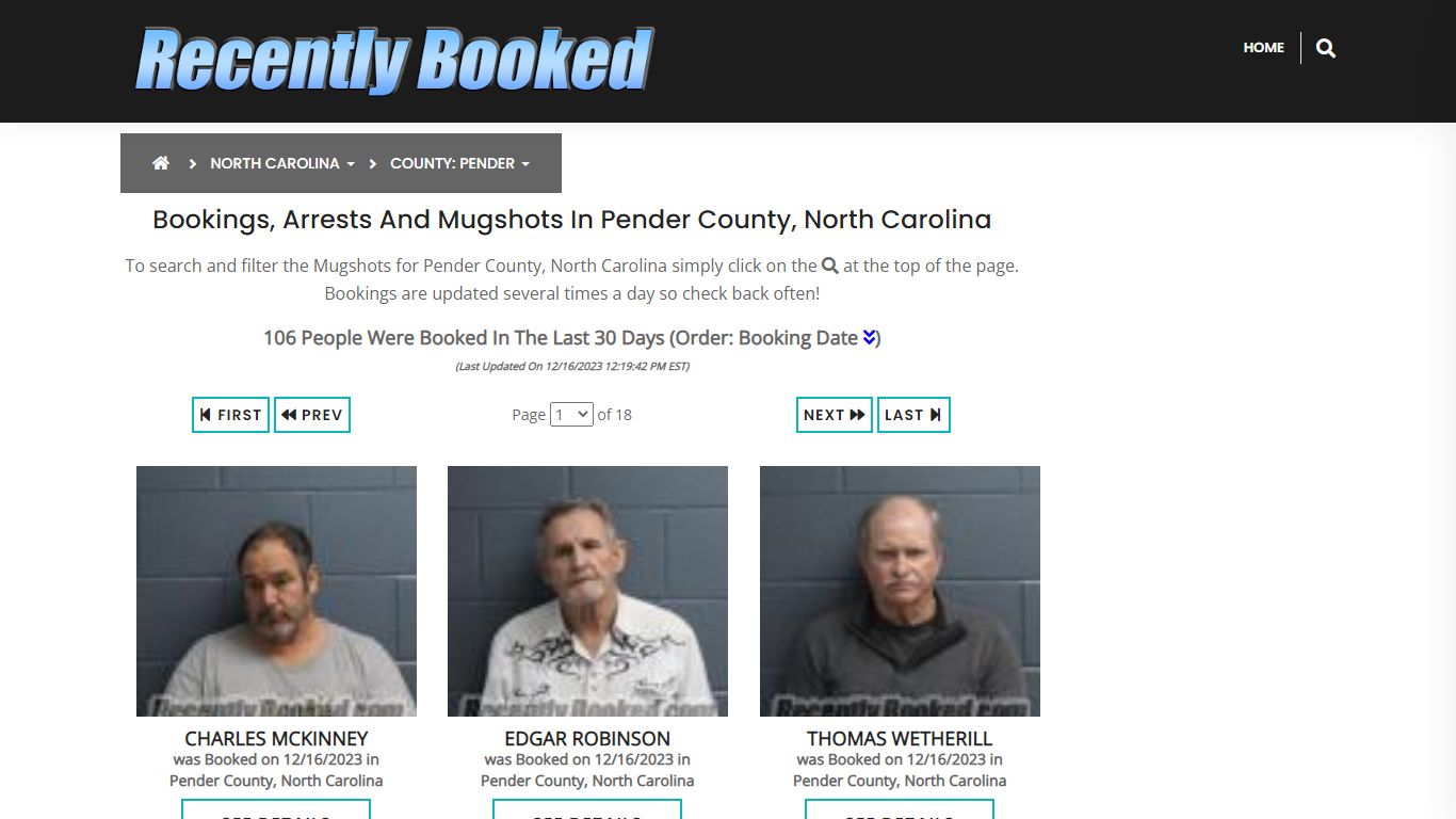 Bookings, Arrests and Mugshots in Pender County, North Carolina